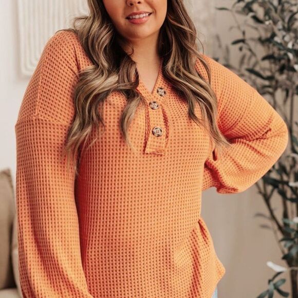 Plus size orange waffle knit long sleeve top v neck button - Picture 2 of 6